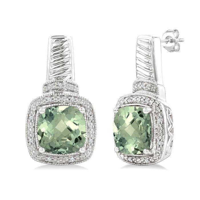 8x8 MM Cushion Shape Green Amethyst and 1/20 Ctw Round Cut Diamond Earrings in Sterling Silver