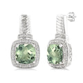 8x8 MM Cushion Shape Green Amethyst and 1/20 Ctw Round Cut Diamond Earrings in Sterling Silver