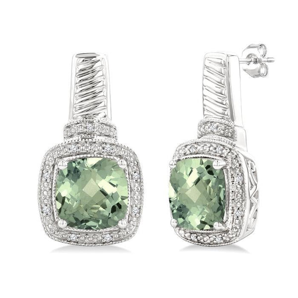 8x8 MM Cushion Shape Green Amethyst and 1/20 Ctw Round Cut Diamond Earrings in Sterling Silver