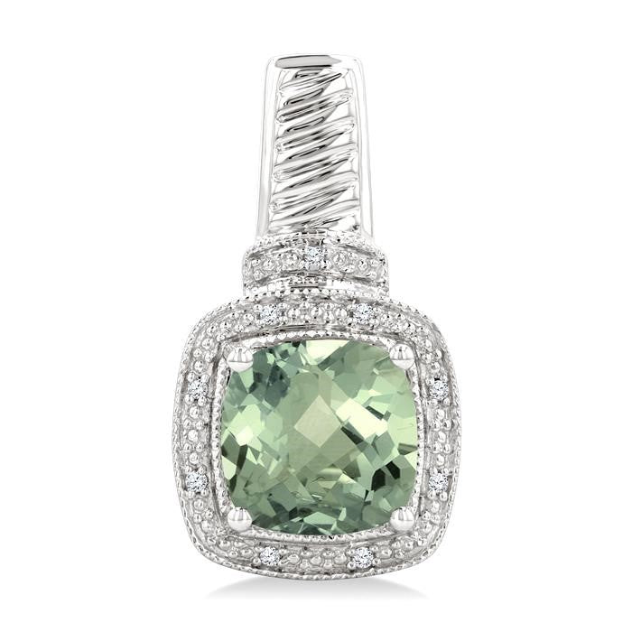 8x8 MM Cushion Shape Green Amethyst and 1/20 Ctw Round Cut Diamond Earrings in Sterling Silver