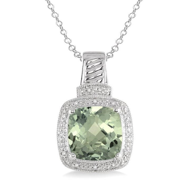 10x10 MM Cushion Shape Green Amethyst and 1/20 Ctw Round Cut Diamond Pendant in Sterling Silver with Chain