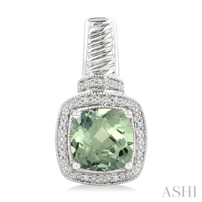 8x8 MM Cushion Shape Green Amethyst and 1/20 Ctw Round Cut Diamond Earrings in Sterling Silver