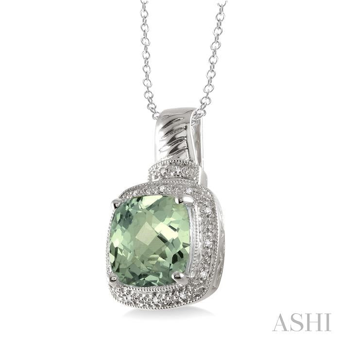 10x10 MM Cushion Shape Green Amethyst and 1/20 Ctw Round Cut Diamond Pendant in Sterling Silver with Chain