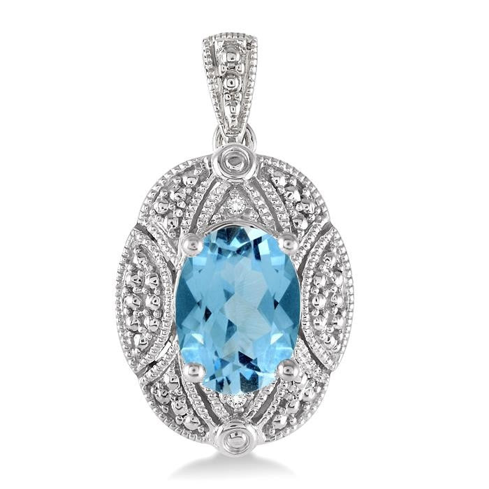 8x6 MM Oval Cut Blue Topaz and 1/50 Ctw Round Cut Diamond Earrings in Sterling Silver