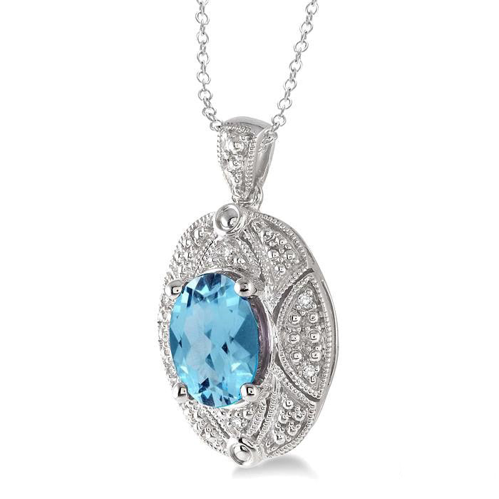 Silver Oval Blue Topaz Shape Gemstone & Diamond Pendant