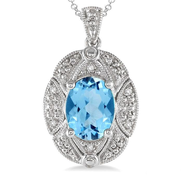 Silver Oval Blue Topaz Shape Gemstone & Diamond Pendant