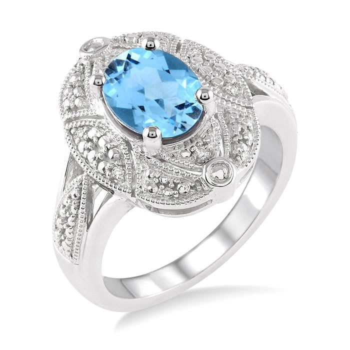 9x7 MM Oval Cut Blue Topaz and 1/50 Ctw Round Cut Diamond Ring in Sterling Silver