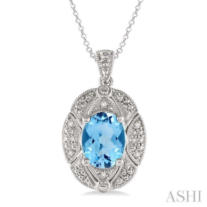 9x7 MM Oval Cut Blue Topaz and 1/50 Ctw Round Cut Diamond Pendant in Sterling Silver with Chain