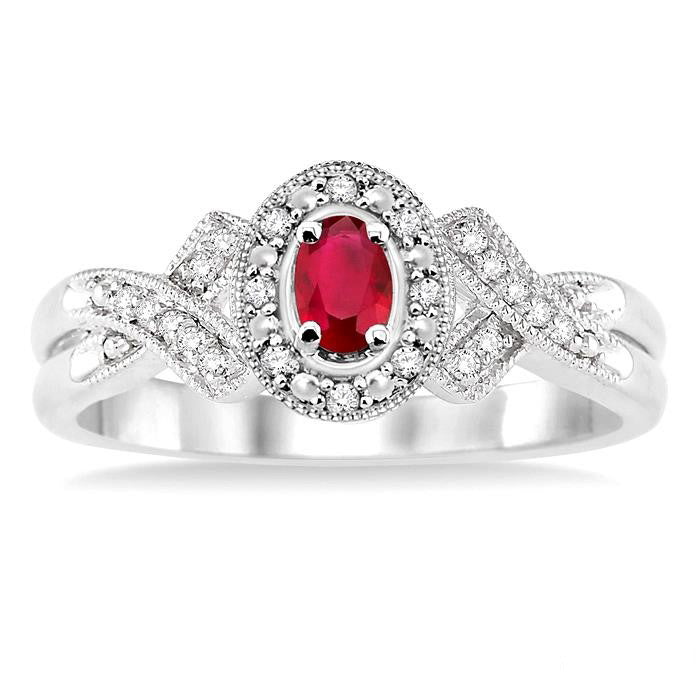 Sterling Silver Oval Cut Ruby & .02 Ctw Single Cut Diamond Ring
