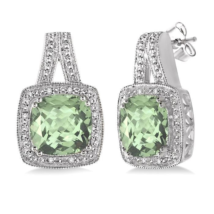 8x8 MM Cushion Shape Green Amethyst and 1/20 Ctw Round Cut Diamond Earrings in Sterling Silver