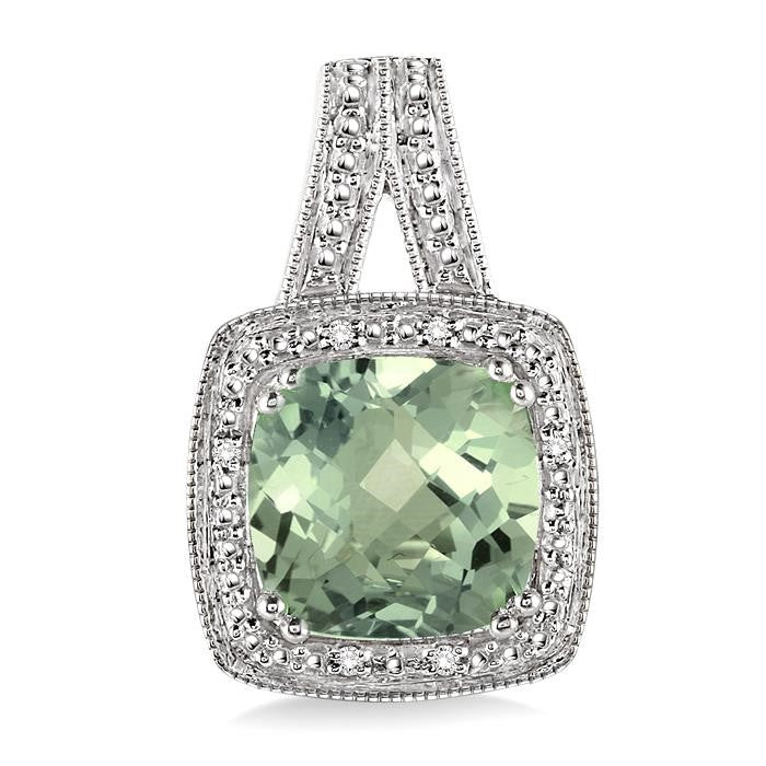 8x8 MM Cushion Shape Green Amethyst and 1/20 Ctw Round Cut Diamond Earrings in Sterling Silver
