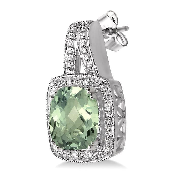 8x8 MM Cushion Shape Green Amethyst and 1/20 Ctw Round Cut Diamond Earrings in Sterling Silver