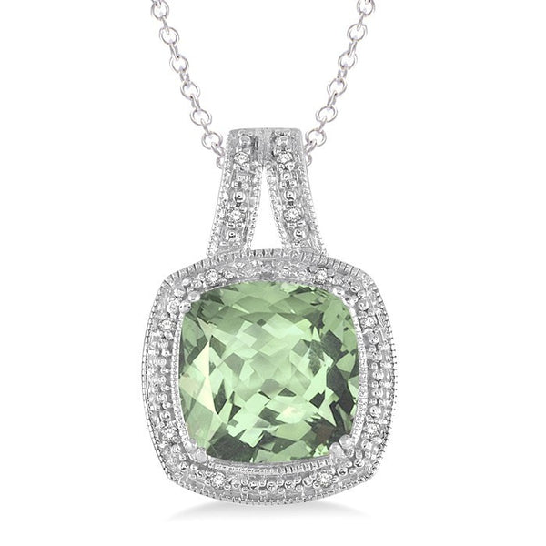 10x10 MM Cushion Shape Green Amethyst and 1/20 Ctw Round Cut Diamond Pendant in Sterling Silver with Chain