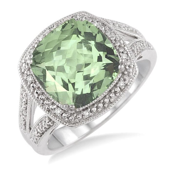 10x10 MM Cushion Shape Green Amethyst and 1/20 Ctw Round Cut Diamond Ring in Sterling Silver