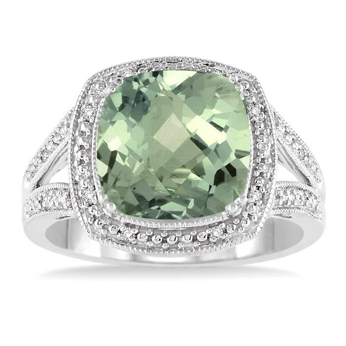 Silver Cushion Shape Green Amethyst Gemstone & Diamond Ring
