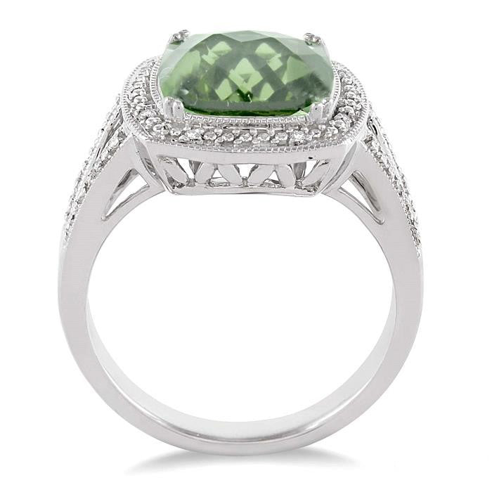 Silver Cushion Shape Green Amethyst Gemstone & Diamond Ring