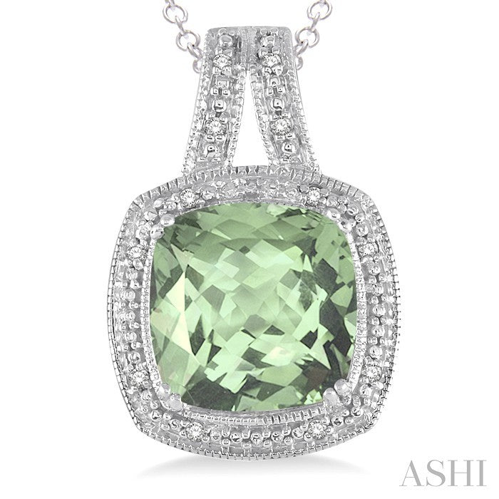 10x10 MM Cushion Shape Green Amethyst and 1/20 Ctw Round Cut Diamond Pendant in Sterling Silver with Chain