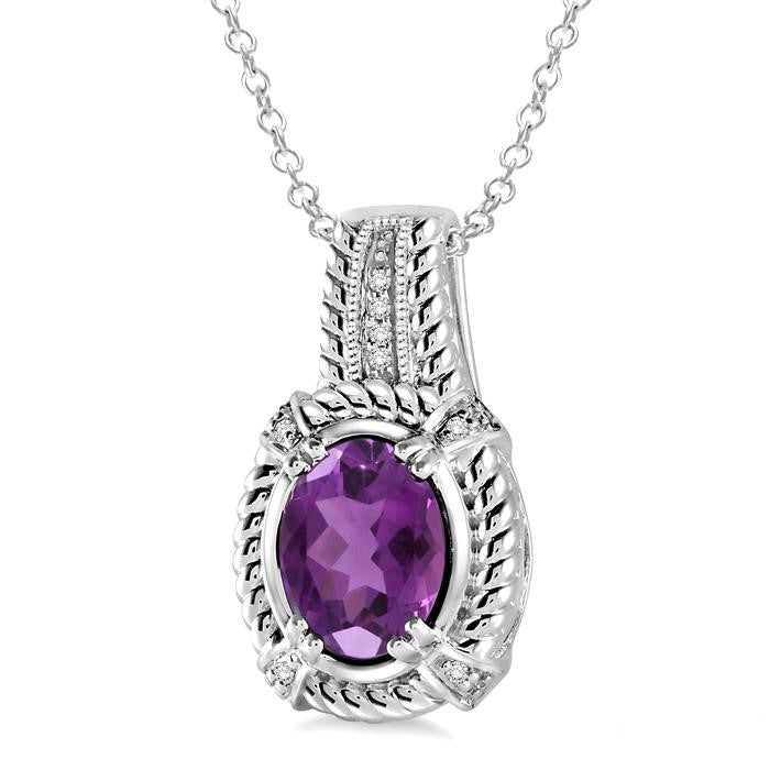Vale Silver Oval Shape Gemstone & Diamond Pendant