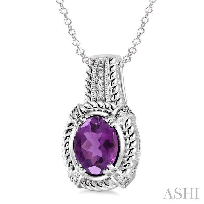 9x7 MM Oval Cut Amethyst and 1/50 Ctw Round Cut Diamond Pendant in Sterling Silver with Chain