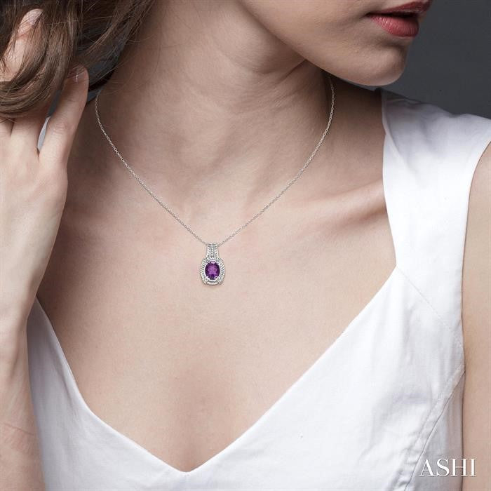 9x7 MM Oval Cut Amethyst and 1/50 Ctw Round Cut Diamond Pendant in Sterling Silver with Chain