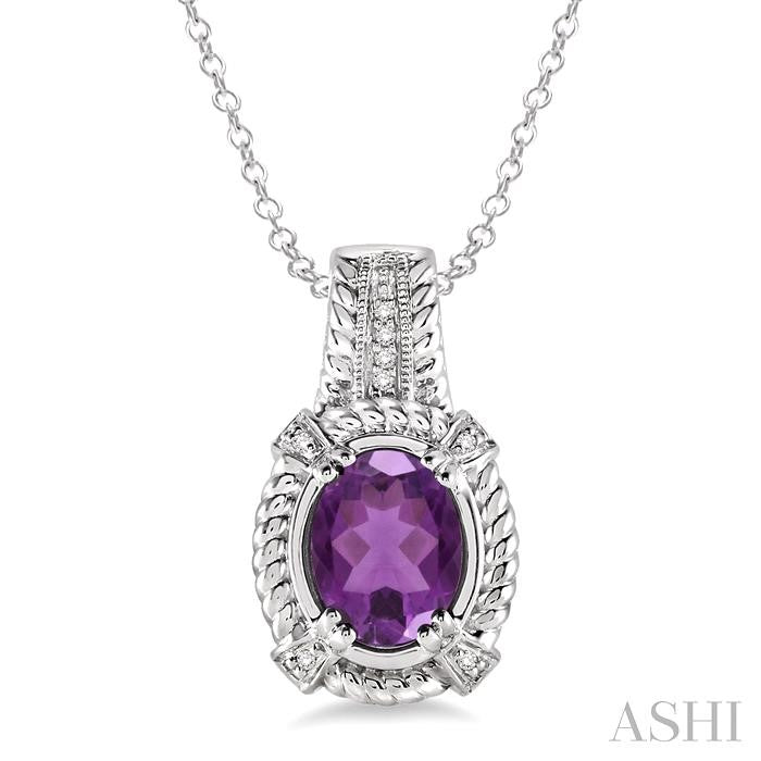 9x7 MM Oval Cut Amethyst and 1/50 Ctw Round Cut Diamond Pendant in Sterling Silver with Chain