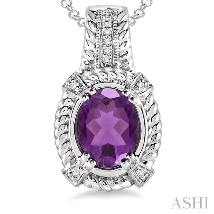 9x7 MM Oval Cut Amethyst and 1/50 Ctw Round Cut Diamond Pendant in Sterling Silver with Chain