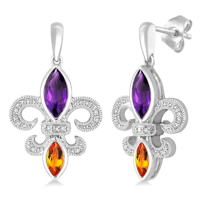 Silver Fleur De Lis Gemstone & Diamond Earrings