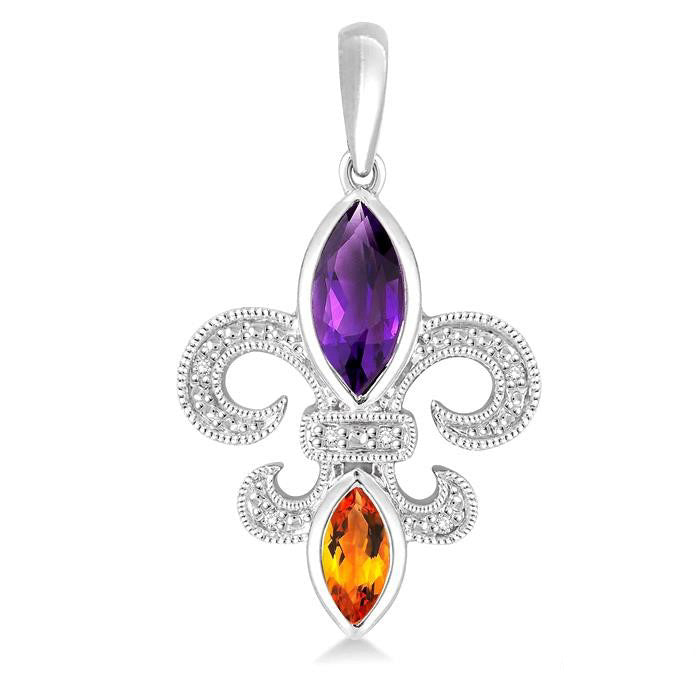 Silver Fleur De Lis Gemstone & Diamond Earrings