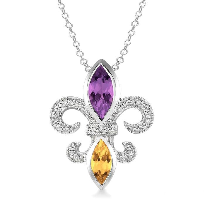 Silver Fleur De Lis Gemstone & Diamond Pendant