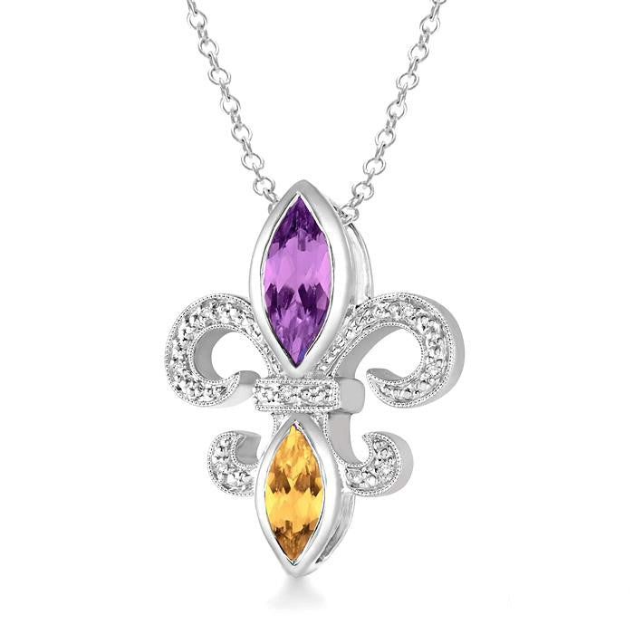 Silver Fleur De Lis Gemstone & Diamond Pendant