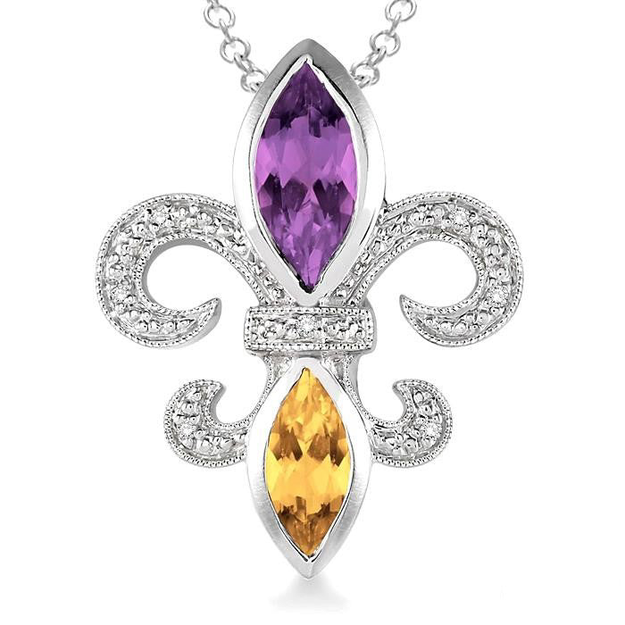 Silver Fleur De Lis Gemstone & Diamond Pendant
