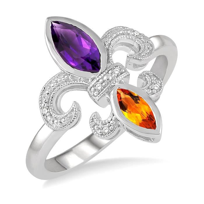 8x4 MM Marquise Cut Amethyst & 6X3 MM Marquise Cut Citrine and 1/50 Ctw Round Cut Diamond Fleur De Lis Ring in Sterling Silver