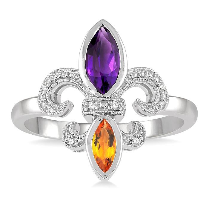 8x4 MM Marquise Cut Amethyst & 6X3 MM Marquise Cut Citrine and 1/50 Ctw Round Cut Diamond Fleur De Lis Ring in Sterling Silver