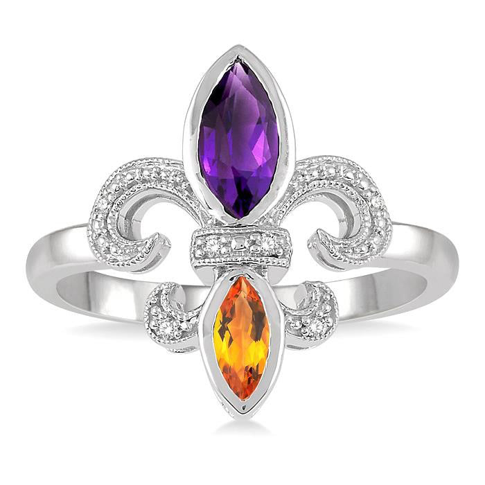 Silver Fleur De Lis Gemstone & Diamond Ring
