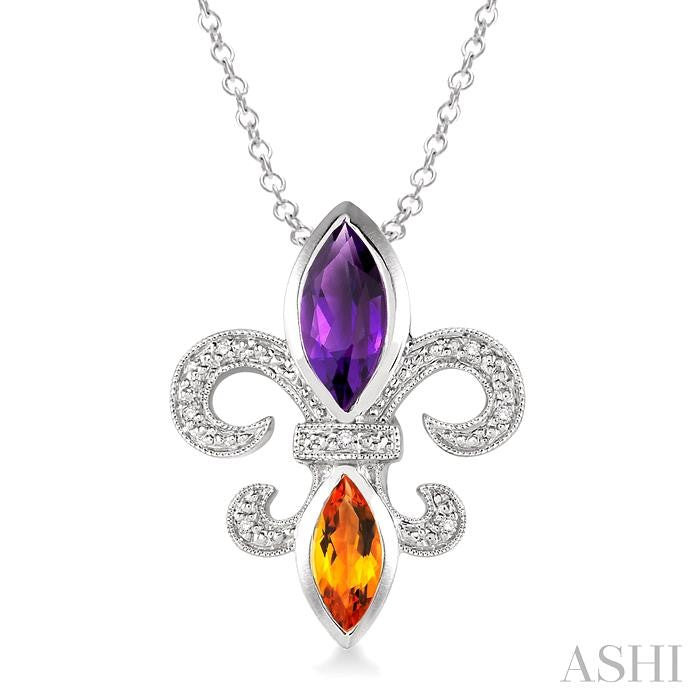 10x5 & 8x4 MM Marquise cut Amethyst and Citrine and 1/50 Ctw Round Cut Diamond Fleur De Lis Pendant in Sterling Silver with Chain