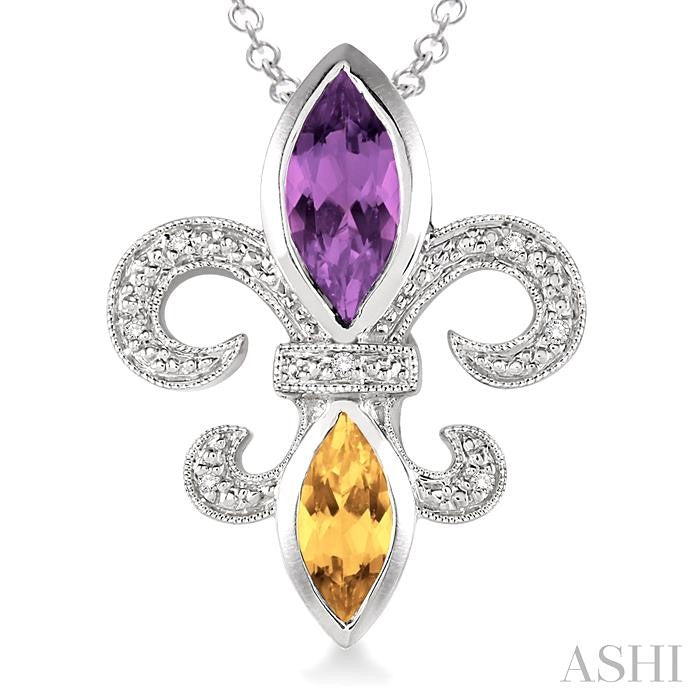 10x5 & 8x4 MM Marquise cut Amethyst and Citrine and 1/50 Ctw Round Cut Diamond Fleur De Lis Pendant in Sterling Silver with Chain