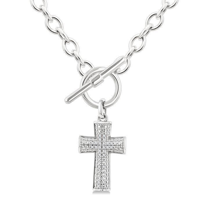 1/20 Ctw Cross Toggle Round Cut Diamond Fashion Necklace in Sterling Silver