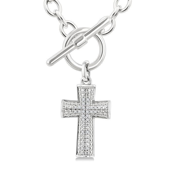 1/20 Ctw Cross Toggle Round Cut Diamond Fashion Necklace in Sterling Silver