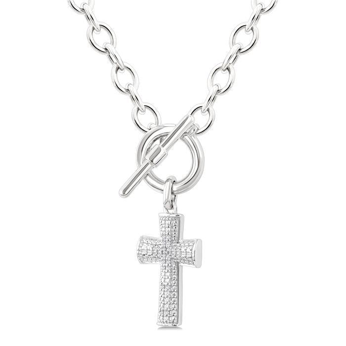 Silver Cross Toggle Diamond Fashion Necklace