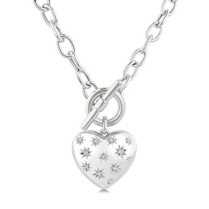 1/10 Ctw Round Cut Diamond Mosaic Heart Charm Toggle Necklace in Sterling Silver