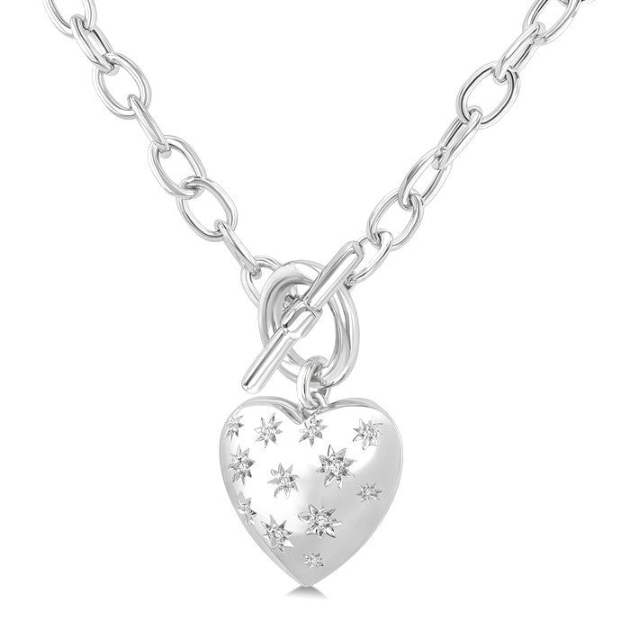 1/10 Ctw Round Cut Diamond Mosaic Heart Charm Toggle Necklace in Sterling Silver