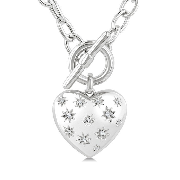 1/10 Ctw Round Cut Diamond Mosaic Heart Charm Toggle Necklace in Sterling Silver