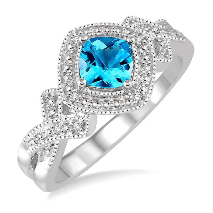 Cushion Shape Blue Topaz and 1/50 Ctw Round Cut Diamond Ring