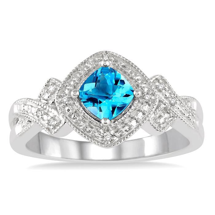 Cushion Shape Blue Topaz and 1/50 Ctw Round Cut Diamond Ring
