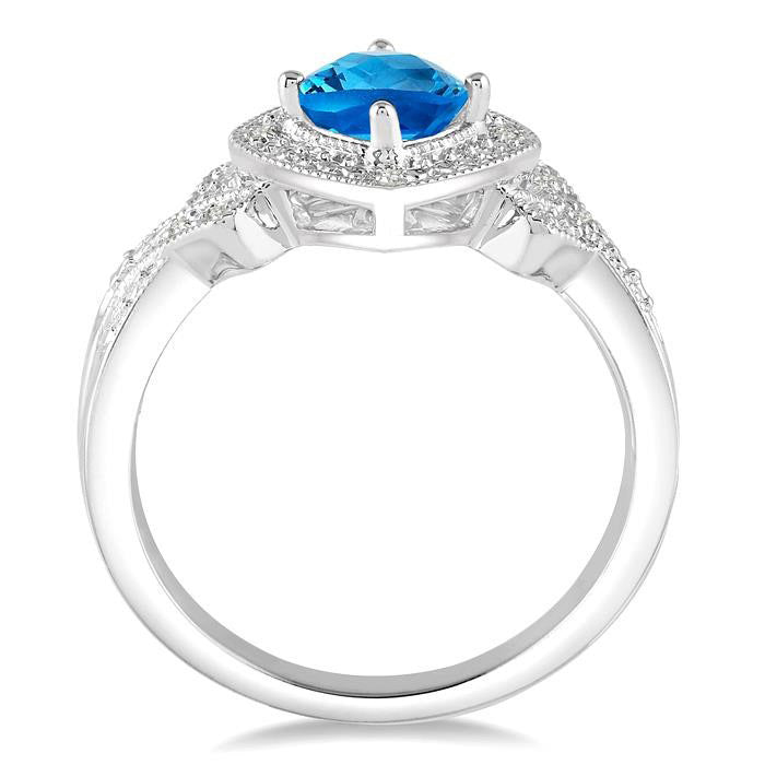 Cushion Shape Blue Topaz and 1/50 Ctw Round Cut Diamond Ring