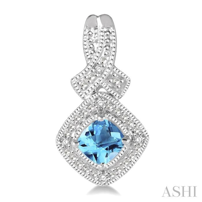 4x4 MM Cushion Shape Blue Topaz and 1/50 Ctw Round Cut Diamond Sterling Silver Earrings