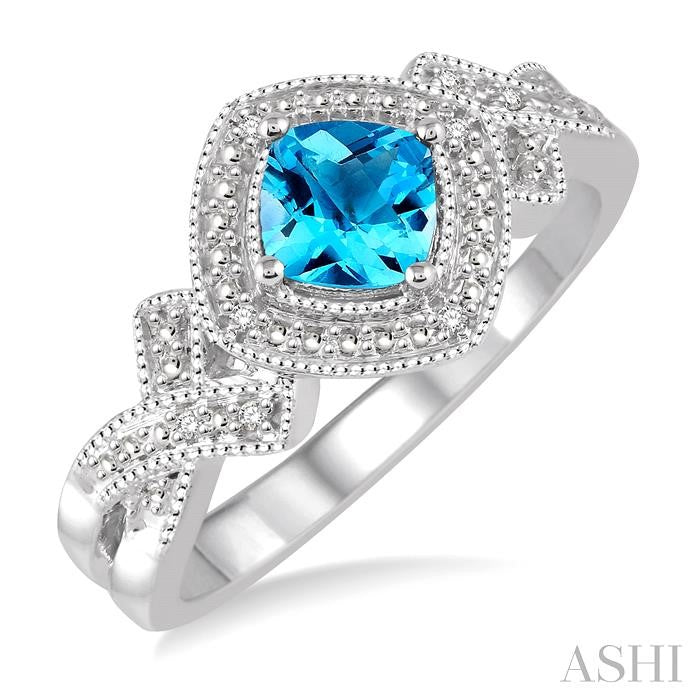 5x5 MM Cushion Shape Blue Topaz and 1/50 Ctw Round Cut Diamond Sterling Silver Ring