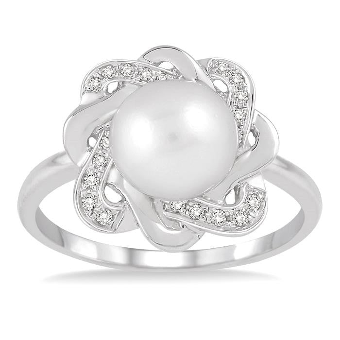 6.5 MM Round Shape Cultured Pearl and 1/10 Ctw Round Cut Diamond Ring in Sterling Silver