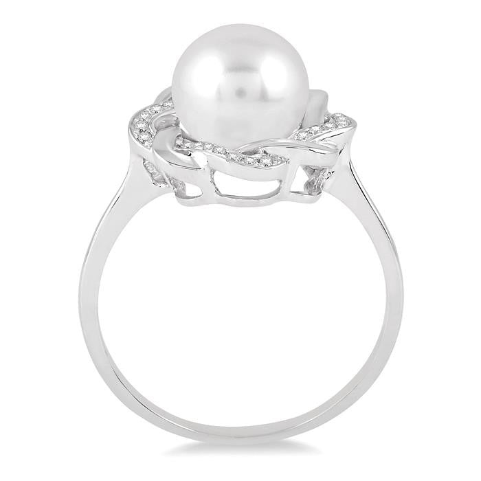 6.5 MM Round Shape Cultured Pearl and 1/10 Ctw Round Cut Diamond Ring in Sterling Silver