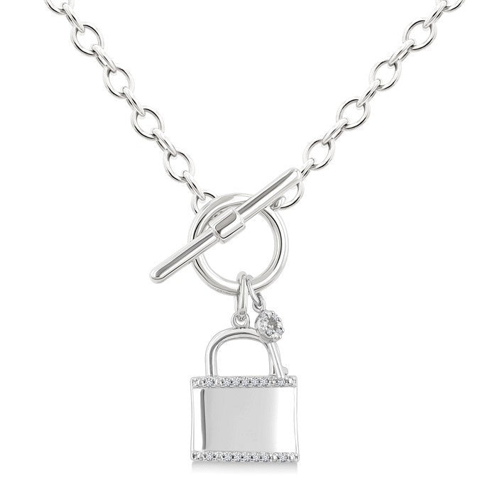 1/10 Ctw Lock & Key Toggle Round Cut Diamond Fashion Necklace in Sterling Silver